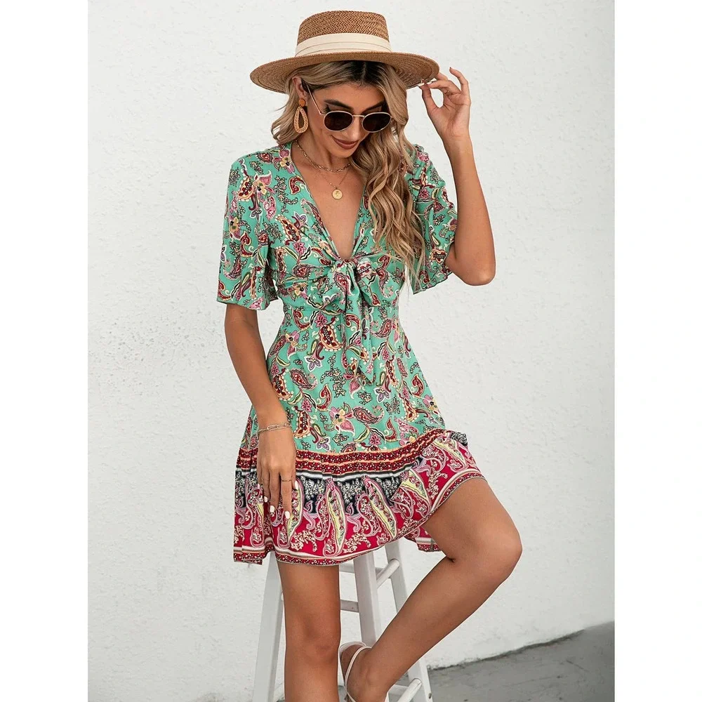 Paisley Floral Print Tie Front Flutter Sleeve Ruffle Hem Dress boho - Picture 6 of 6